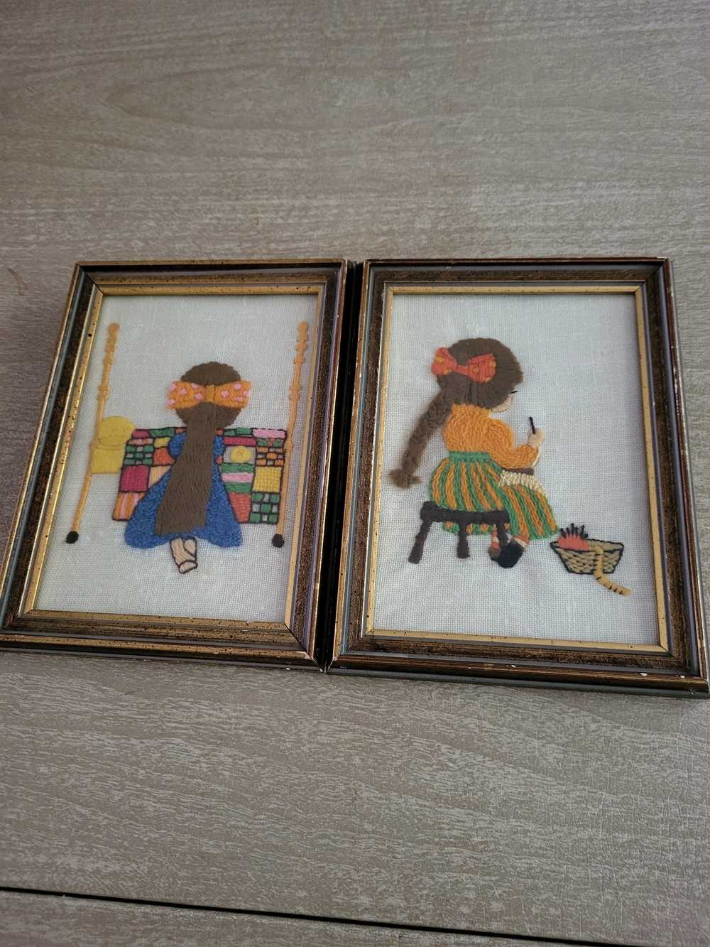 Hand-Embroidered Girl Artwork Pair - Colorful Folk Style